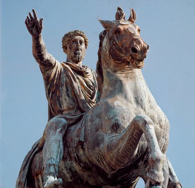 Rytterstatue av den romerske keiseren Marc Aurele (Caesar Marcus Aurelius Antoninus Augustus) (121-180). Bronseskulptur. Kopi etter originalen oppbevart på Capitol Museum, Roma. Capitol Square (Campidoglio) Roma av (after) Roman