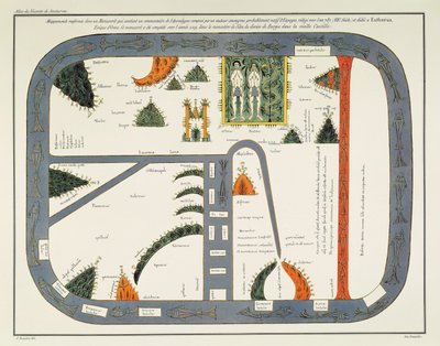 Kart over verden, fra et manuskript av en kommentar til apokalypsen, skrevet ca. 787 og kopiert ca. 1109 i klosteret Silos, Burgos, Spania (litho) av (after) Spanish School