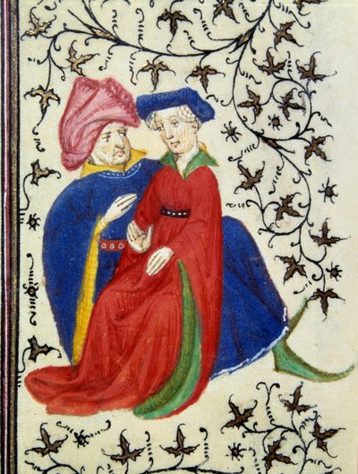 En galant scene. Detalj av en side av manuskriptet "Les Tres Riches Hours du Duke Francois de Guise"" belyst av Mesteren av Boucicaut. 1400-tallet. Musee Conde, Chantilly. av (and workshop) Boucicaut Master