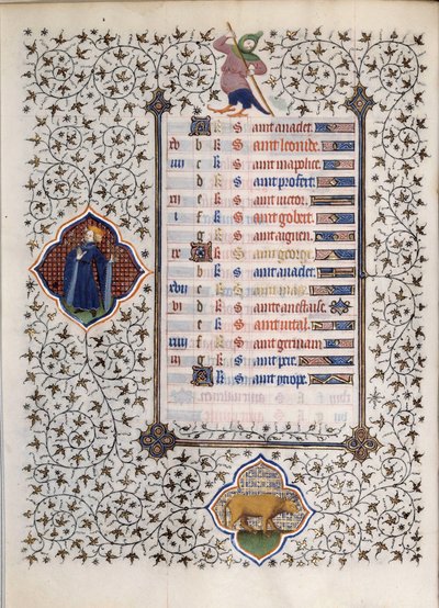 Side av manuskriptet "" Les Tres Riches Hours du Duke Francois de Guise"" opplyst av Mesteren av Boucicaut: representasjon av stjernetegnene og scener i hverdagen: oksen. 1400-tallet. Musee Conde, Chantilly av (and workshop) Boucicaut Master