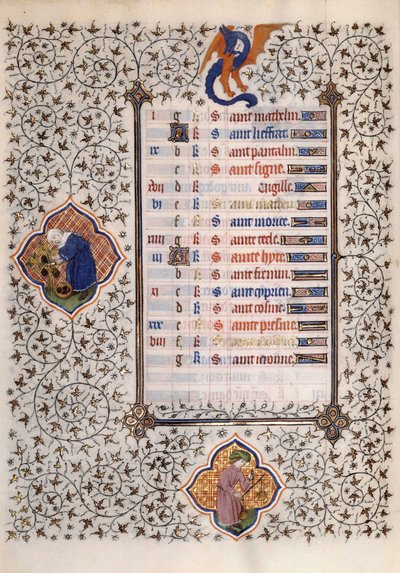 Side av manuskriptet "" Les Tres Riches Hours du Duke Francois de Guise"" opplyst av Mesteren av Boucicaut: representasjon av dyrekretsens tegn og landbruksarbeid: balanse og høsting. 1400-tallet. Musee Conde, Chantilly av (and workshop) Boucicaut Master