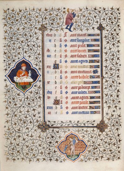 Side av manuskriptet "" Les Tres Riches Hours du Duke Francois de Guise"" opplyst av Mesteren av Boucicaut: representasjon av stjernetegn og scener i dagliglivet: Vannmannen og en måltidsscene. 1400-tallet. Musee Conde, Chantilly av (and workshop) Boucicaut Master
