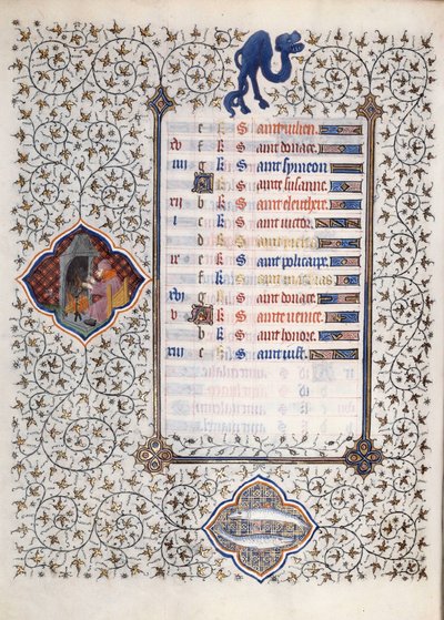 Side av manuskriptet "" Les Tres Riches Hours du Duke Francois de Guise"" opplyst av Mesteren av Boucicaut: en representasjon av stjernetegnene og scener i hverdagen: fisk og en mann som varmer opp foran en skorstein. 1400-tallet. Muse av (and workshop) Boucicaut Master
