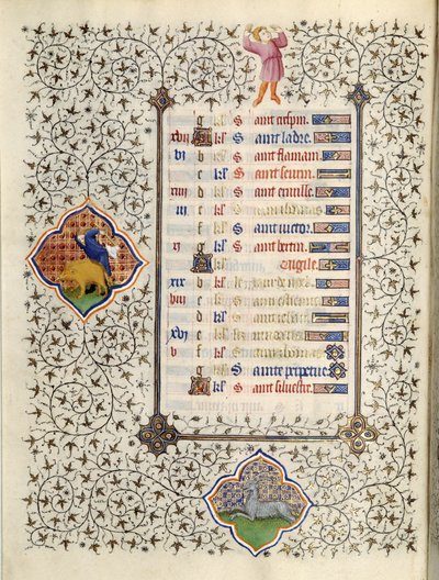 Side av manuskriptet "" Les Tres Riches Hours du Duke Francois de Guise"" opplyst av Mesteren av Boucicaut: representasjon av stjernetegnene og scener i dagliglivet: Steinbukken og jakten på villsvin. 1400-tallet. Musee Conde, C av (and workshop) Boucicaut Master
