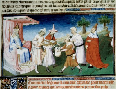 Qubilai (Kubilai Khan, første keiser av det mongolske Yuan-dynastiet (1215-1294) betaler for kjøpene sine med muriere barkmynter i miniatyr tatt fra Marco Polos "The Book of Wonders"" ("" World Devisement", "" Il Milione"). illustrert av Master of Boucic av (and workshop) Boucicaut Master