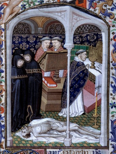 Scene med funebre seremoni og makaber dans Miniatyr hentet fra "Time Book" brukt i Paris" opplyst av Atelier du Maitre d Boucicaut, ca. 1415. Paris, B.N. av (and workshop) Boucicaut Master