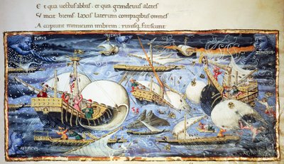 Seilskip, illustrasjon for Aeneid, episk dikt av Virgil (70-19 f.Kr.), miniatyr tilskrevet Apollonio di Giovanni (1415-1465) av (attr. to) Apollonio di Giovanni