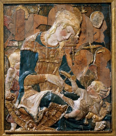 Madonna og barn, basrelieff (terrakotta) av (attr. to) Donatello