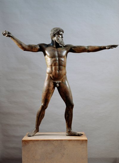Gresk kunst: bronsestatue kalt guden for Cape Artemision tilskrevet billedhuggeren Kalamis (5. århundre f.Kr.), 460 f.Kr., Dim. 209 cm - Athen, Nasjonalt arkeologisk museum (inv. 15161) - Gresk sivilisasjon: statue (ofte kalt Gud fra havet) av Zevs eller P av (attr. to) Kalamis