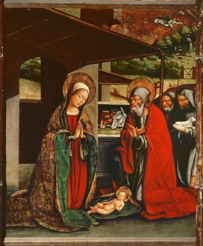 126-0035070 Tilbedelse av hyrdene, altertavle fra kirken Santa Maria Palau-Solita, Barcelona av (attr. to) Master of Ares