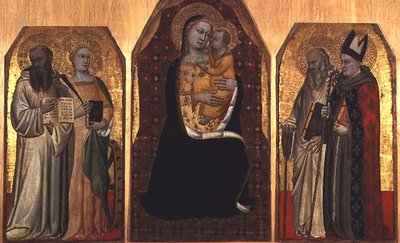 Triptych: Madonna og barn flankert av fire helgener (tempera på panel) av (attr to) Puccio di Simone