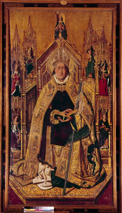 Saint Dominica de Silos (1000-1073) på tronen Dominica var en gjeter fra Navarra. Han ble benediktinermunk i Silos, Castilla. Maleri på tre av Cardenas Bermejo (1435/40-1500) 1400-tallet Dim. 242 x 130 cm Madrid, Prado-museet - Saint Dominique av av Bermejo