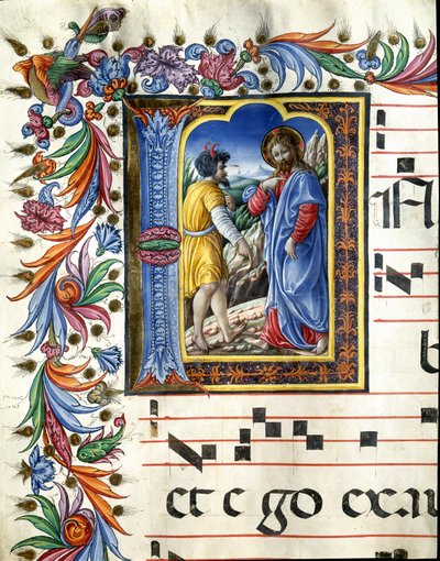 Decoree lettrine som viser fristelsen til Kristus Miniatyr av Liberale da Verona (1445-1529) fra et kor (Cod. 20/5. c.45v) fra katedralen i Siena. Cathedrale (Duomo) fra 1400-tallet i Siena, Italia av (c.1445 1527) Liberale da Verona