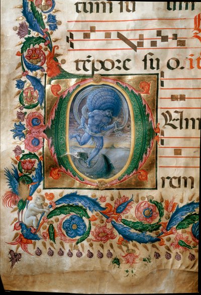 Lettrine med representasjon av Aeolus, vindens vokter. (Miniatyr av (c.1445 1527) Liberale da Verona