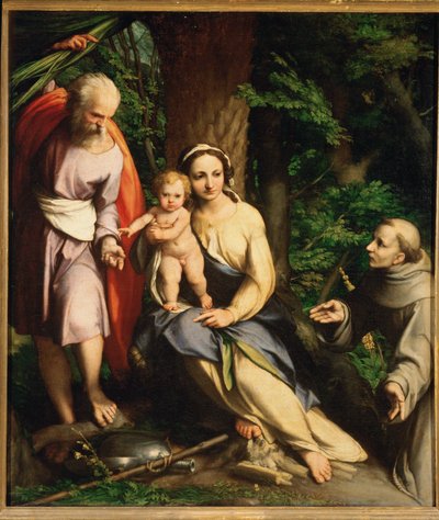 Den hellige familie med Frans av den hellige - Hvile på flukten … (maleri på lerret) av (c.1489-1534) Correggio