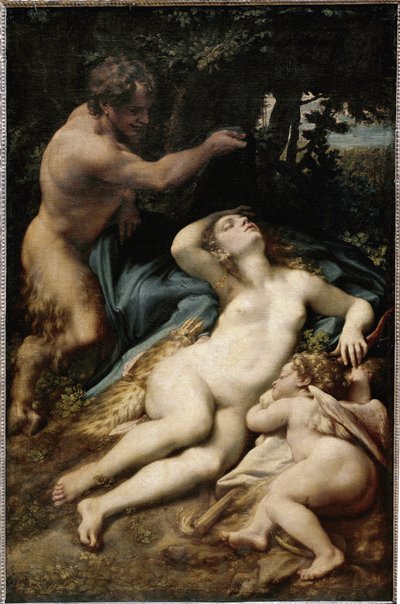 Jupiter og Antiope (eller Venus med amor og en satyr) (olje på lerret av (c.1489 1534) Correggio