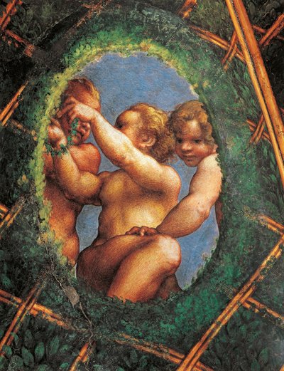 Ovate med kjeruber, detalj av dekorasjon fra St. Paul's Chamber eller Abbedisse' Chamber av (c.1489 1534) Correggio