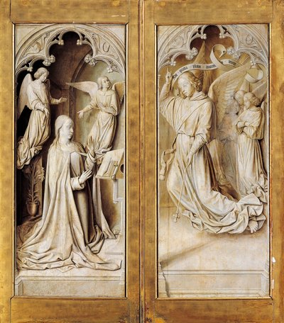 Kunngjøring i grisaille (monokromatisk grå), ytre vinger av triptykaltertavle (ca 1489-1502) av Master of Moulins, i katedralen i Notre-Dame, Moulins, Frankrike. av (fl.c.1483 c.1529) Master of Moulins