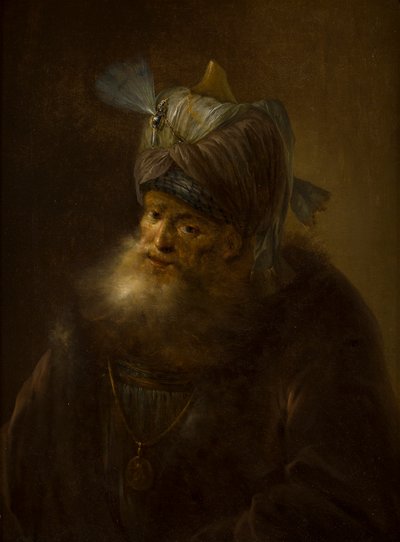 Portrett av en mann i en turban (olje på lerret) av (follower of) Rembrandt Harmensz. van Rijn