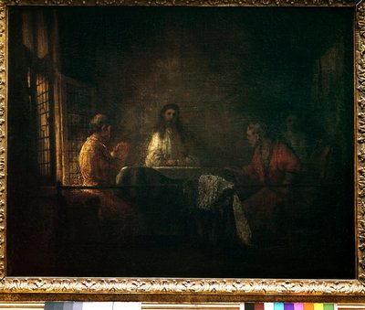 Pilegrimene til Emmaus Kristus viser seg for pilegrimene som sitter ved et bord i et vertshus i Emmaus. Maleri av verkstedet til Harmensz van Rijn dit Rembrandt (1606-1669) av studio of Rembrandt Harmensz. van Rijn