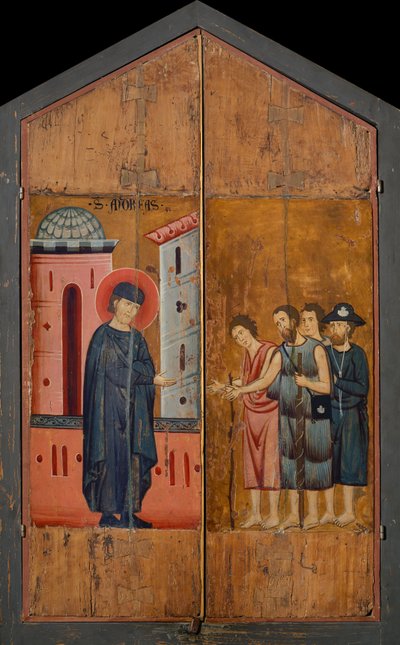 Diptych of Blessed Andrea Gallerani: Den velsignede vert Gallerani som mottar pelgrimer og tiggere, utvendige paneler, ca. 1270 (maleri på tre) av (workshop of) Guido da Siena