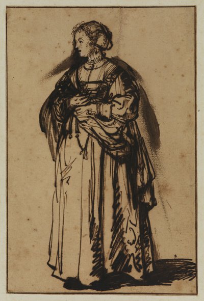 Kunstnerens kone, Saskia, står og holder blomster i hendene av (workshop of) Rembrandt Harmensz. van Rijn