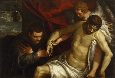 Den døde Kristus støttet av en engel og tilbedt av en fransiskaner, ca. 1586-87 av Paolo Veronese
