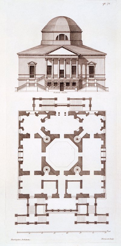 Plan og høyde av Chiswick House, trykk laget av Herisset, ca. 1720-tallet av 3rd Earl of Burlington