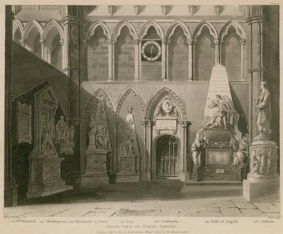 Sørutsikt over Poets Corner, Westminster Abbey, London av A.C. and Villiers, H. Pugin