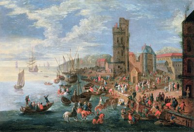 En havnescene av A.F. and Bouts, P. Boudewyns