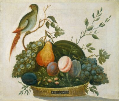 Fruktkurv med papegøye, 1777. av A.M. Randall