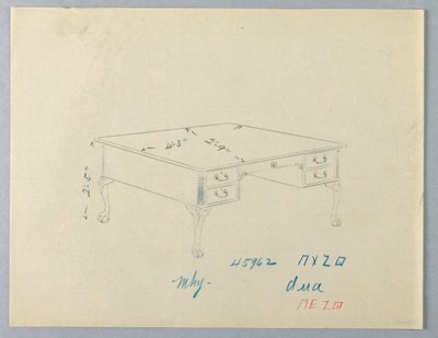 Design for biblioteksbord med løvepoteføtter av A.N. Davenport Co.
