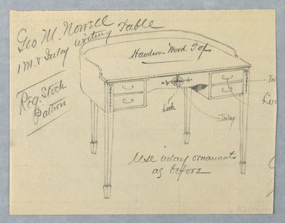 Design for mahogni-skrivebord for George M. Nowell av A.N. Davenport Co.