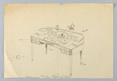 Design for halvsirkulært skrivebord "C" med messingføtter og messingrekkverk av A.N. Davenport Co.