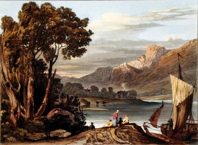The New Weir. Ser oppover elven, plate 11 fra Beskrivelse av elven Wye, gravert av Theodore Henry Fielding (1781-1851), 1818 (håndfarget akvatint) av A.V. Copley after Fielding