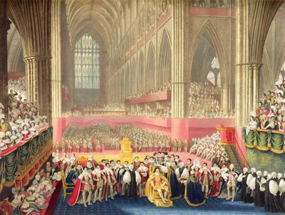 George IVs kroning den 19. juli 1821 i Westminster Abbey (etsing med akvatint) av A.W. and Stephanoff J. (after) Pugin