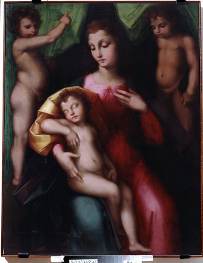 ""Jomfruen tilbeder det sovende Kristusbarnet med to engler"" (Jomfruen tilbeder det sovende Kristusbarnet med to engler) Maleri av Andrea Piccinelli kjent som Brescianino (1485- etter 1525) rundt 1510 Ivan Kramskoy Museum of Fine Arts (eller Kramskoi) ) t av A. Piccinelli