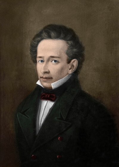 Portrett av Giacomo Leopardi (1798-1837) fra portrettet av A. Ferrazzi - av A. (after) Ferrazzi