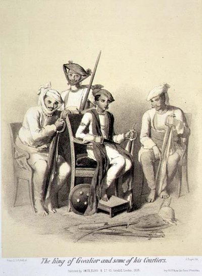 Kongen av Gwalior og noen av hans hoffmenn, fra "Voyage in India", gravert av Jules Trayer (1824-1901) pub. i London av A. (after) Soltykoff