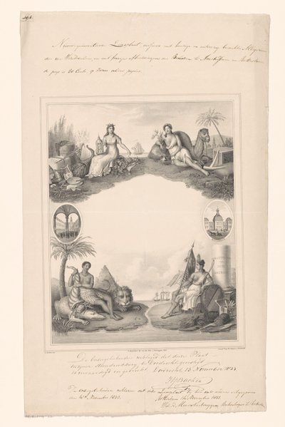 Design for en tittelside med personifikasjoner av fire kontinenter av A. Bakker