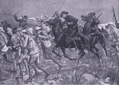 De Wets behandling av britiske krigsfanger på marsj, illustrasjon fra After Pretoria: The Guerilla War, 1902 av A. C. Ball