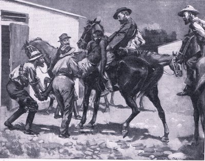 Esaus forsøker å rømme, fra After Pretoria: The Guerilla War utgitt av Harmsworth Bros Limited, 1901 av A. C. Ball