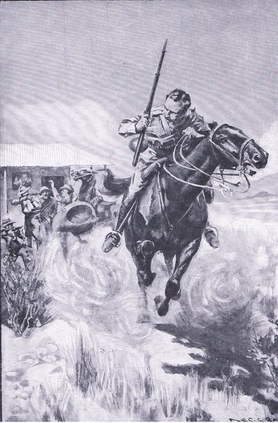 Escape of a scout, fra After Pretoria: The Guerilla War utgitt av Harmsworth Bros Limited av A. C. Ball