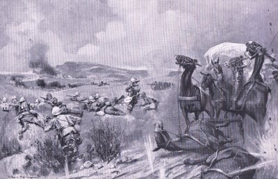 Angrepet på konvoien ved Buffelspoort, illustrasjon fra After Pretoria: The Guerilla War, 1902 av A. C. Ball