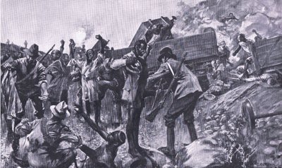 Ødeleggelsen av toget nær Taaibosch, fra After Pretoria: The Guerilla War utgitt av Harmsworth Bros Limited, 1901 av A. C. Ball