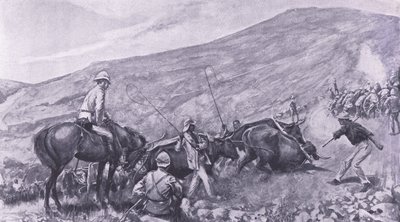 Transportvansker ved Barberton: Hvordan kanonene og vognene kom opp i fjellene, illustrasjon fra After Pretoria: The Guerilla War, 1902 av A. C. Ball