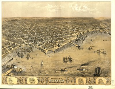 Fugleperspektiv av byen Muskegon, Muskegon Co., Michigan 1868. av A.; Chicago Lithographing Co. Ruger