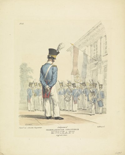 Musiker i full uniform Musiker i full kjole, 1820-1825 Nederlandsche Infanterie Musikant i flott uniform (tittel på objekt) Militære kostymer fra kongeriket Nederland. Dedikert til Hans eksellens Willem van Bylandt (serietittel på obj av A. Courtois