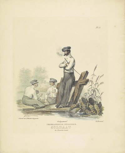 Soldat i brakkeuniform, 1820-1825 nederlandsk infanteri. Soldat i Kaserne-antrekk (tittel på objekt) Militære kostymer fra kongeriket Nederland. Dedikert til Hans eksellens Willem van Bylandt (serietittel på objekt) av A. Courtois