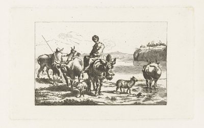 Landskap med en gjeterinne på et muldyr og en gjeter med kyr av A. Dickhof (signed by artist)